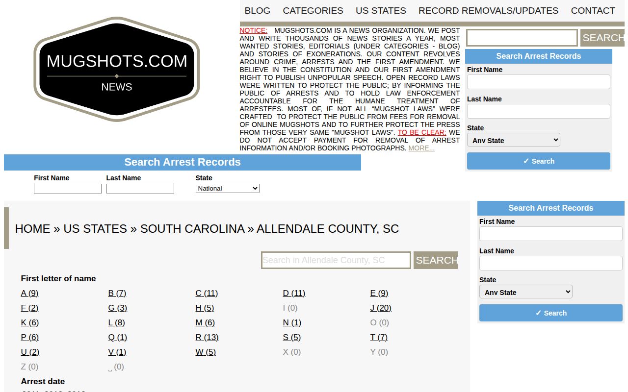 Allendale County third-party mugshot source documentation for news-record context