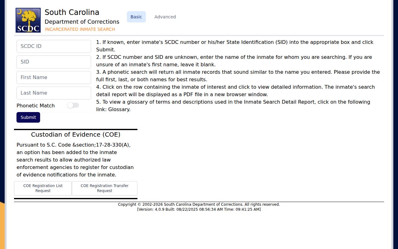 South Carolina Department of Corrections search for Allendale County state-prison records