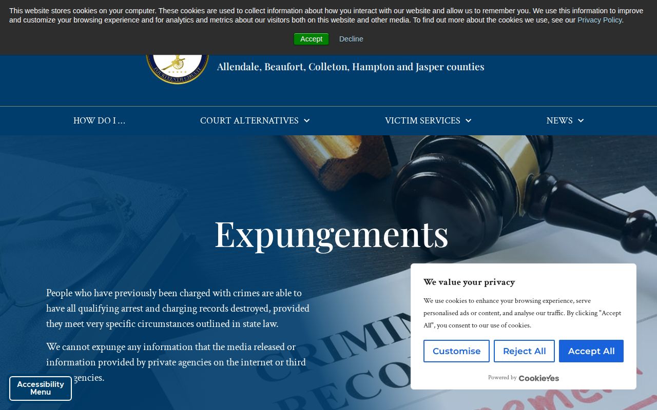 Allendale County booking-record expungement source from the Fourteenth Circuit