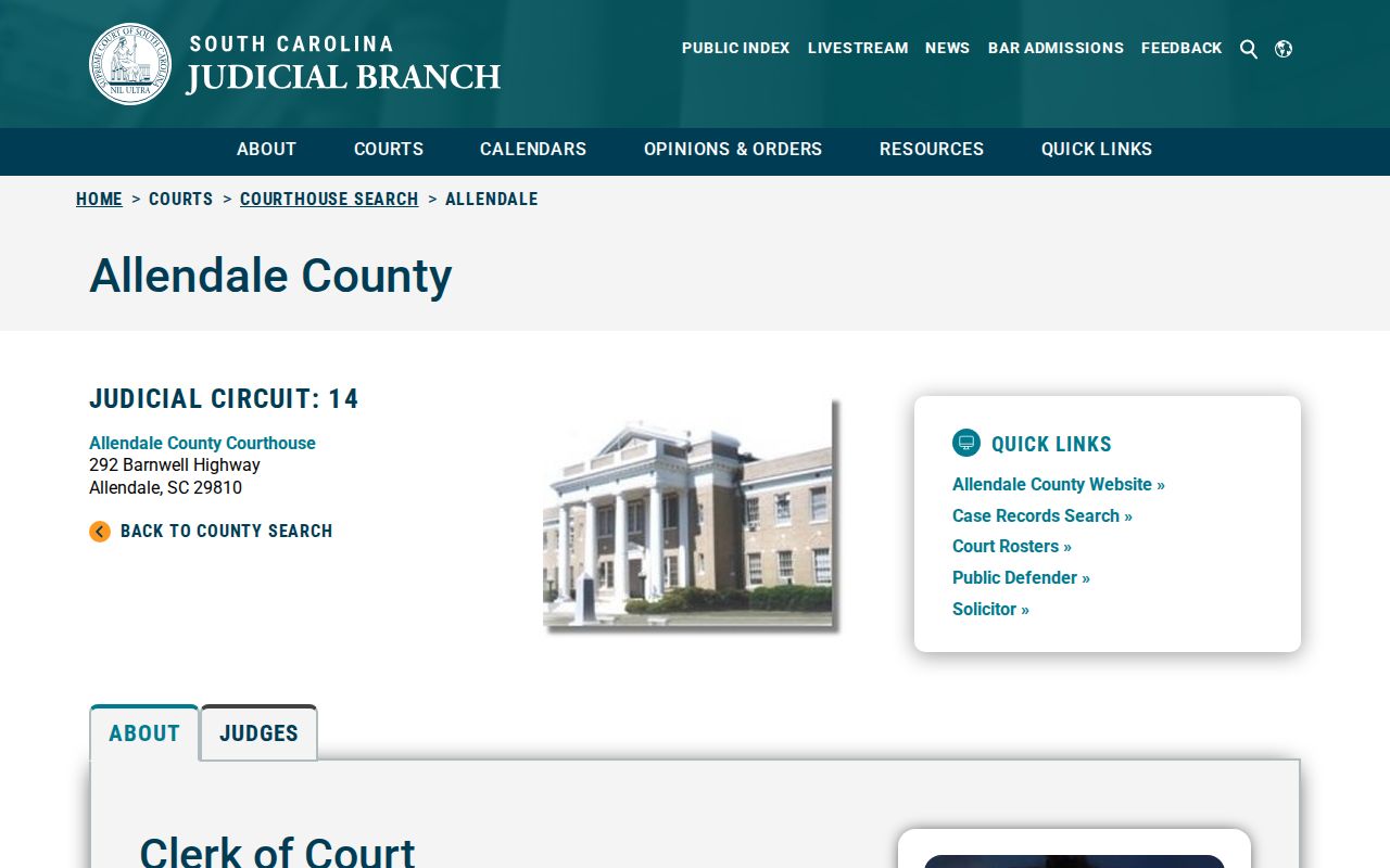 Allendale County court contact page for warrant and court-record questions